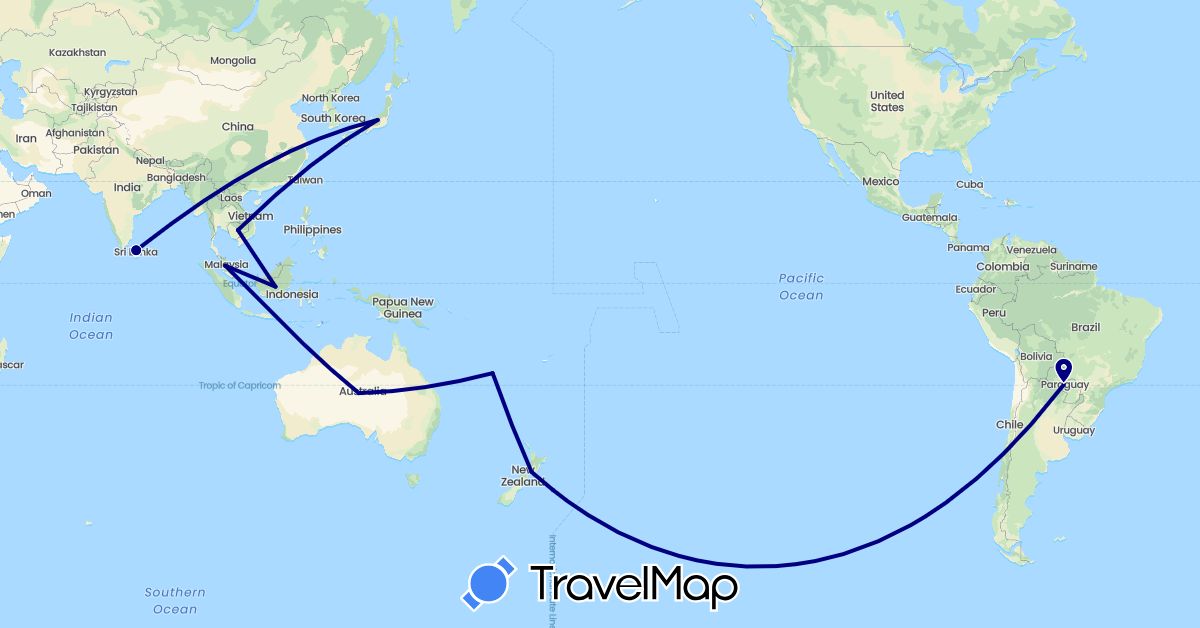 TravelMap itinerary: driving in Australia, Indonesia, Japan, Cambodia, Sri Lanka, Malaysia, New Caledonia, New Zealand, Paraguay (Asia, Oceania, South America)